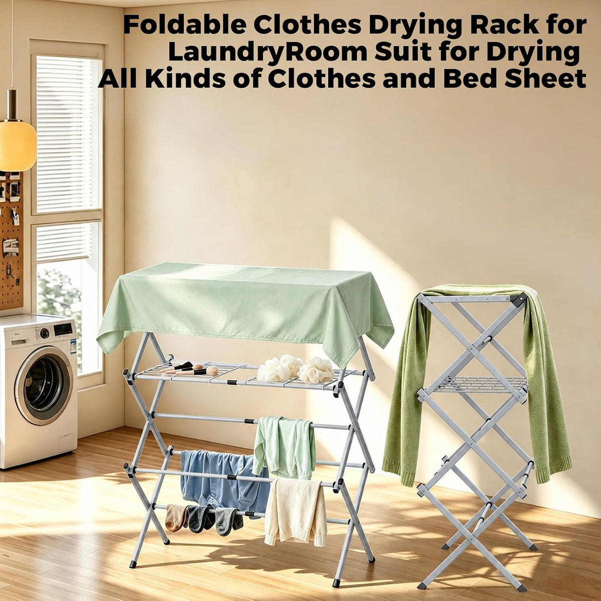 BAKON Space Saving Foldable Clothes Drying Rack, Extendable Rustproof Laundry Rack for Indoor Outdoor Use, No Assembly Required, Suitable for Bathroom Laundry Room Apartment RV, Gray, 2 Mesh