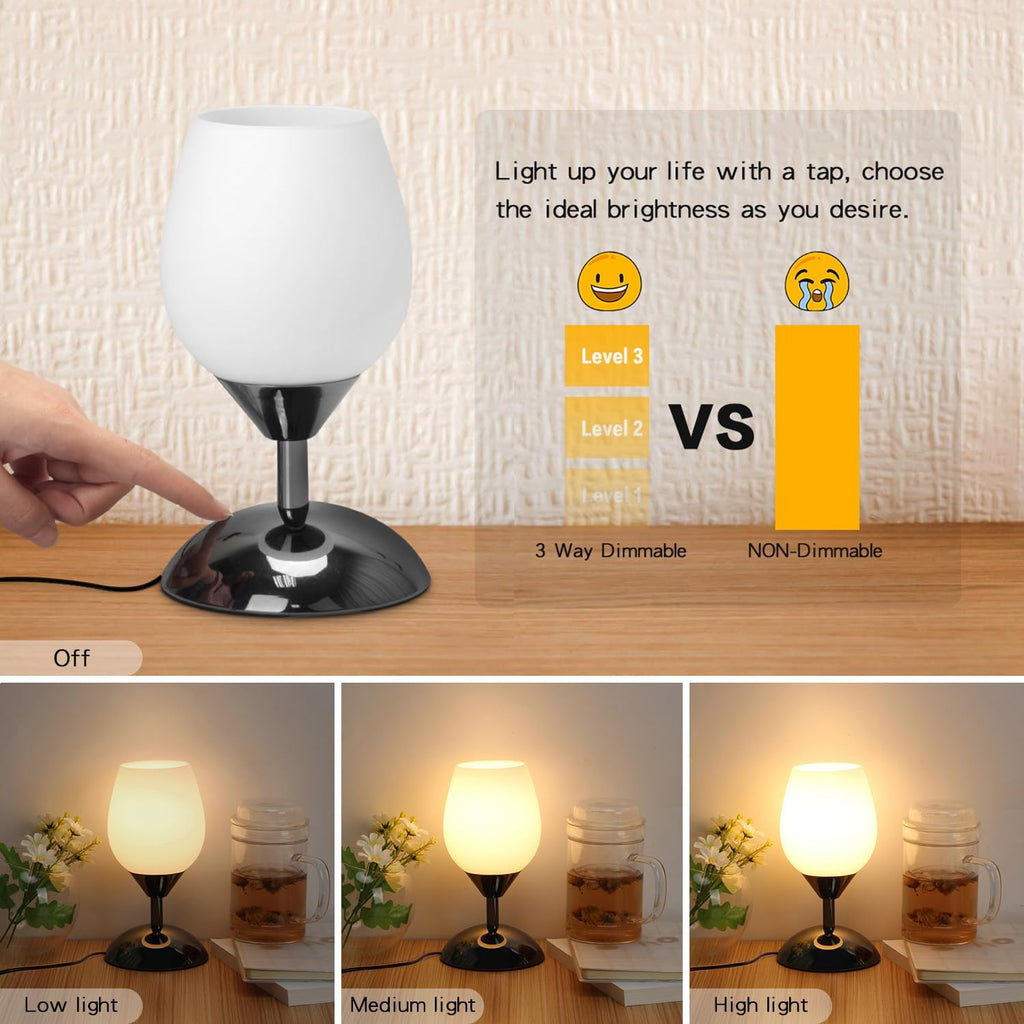 Touch Control Table Lamp Dimmable Small Lamp, Ambient Light with Opal Glass Shade Simple Night Light, Modern Accent Lamp Bedside Nightstand Lamp for Bedroom Living Room, E12 Bulb Included
