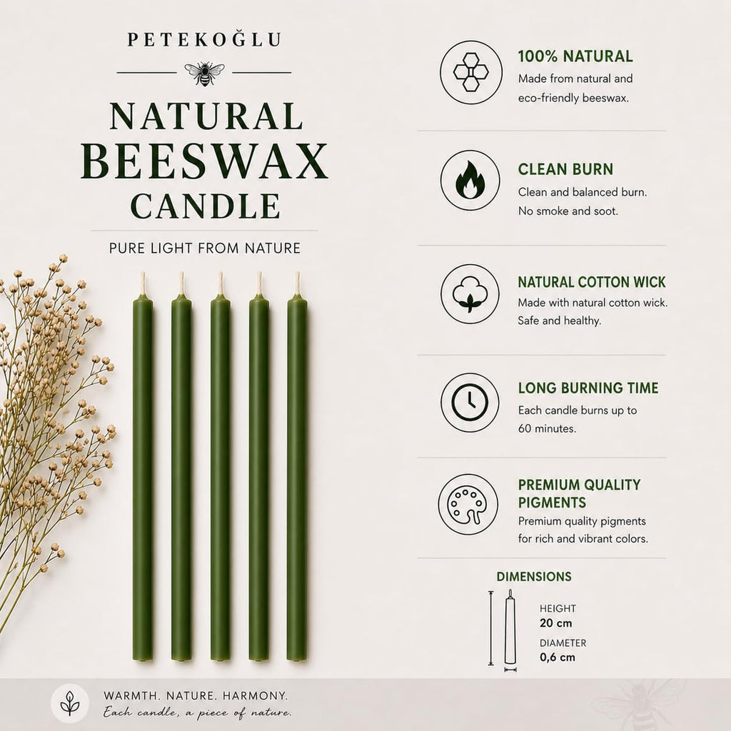 Petekoğlu 15-Pack Beeswax Wish Candles – Handcrafted, Drip-Free, Smoke-Free Slim Taper Candles for Rituals, Meditation, Birthday & Home Décor – Natural Honey Scent 7.87” x 0.24” (Green)