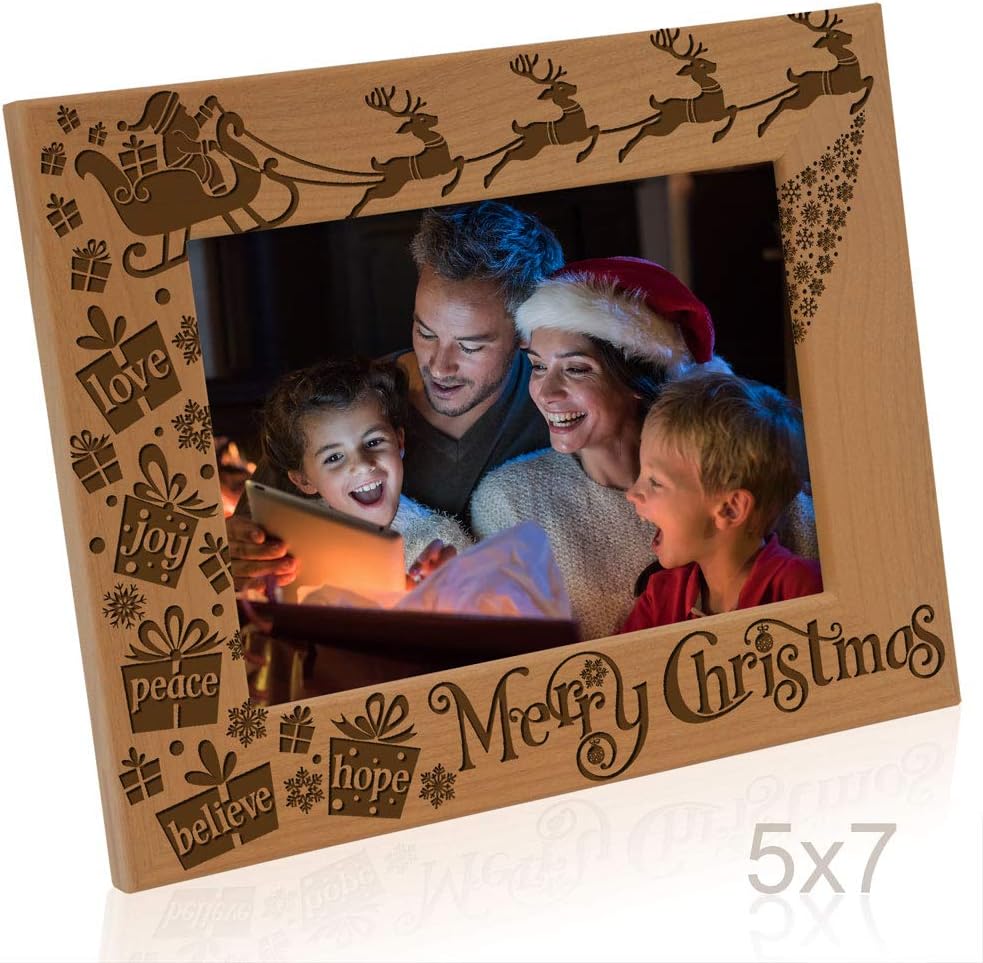 KATE POSH Merry Christmas Love Peace Joy Believe Hope, The Magic of Christmas Family Picture Frame. Santa, Reindeer and Sleigh Decor. Engraved Natural Wood Photo Frame (5x7-Horizontal)