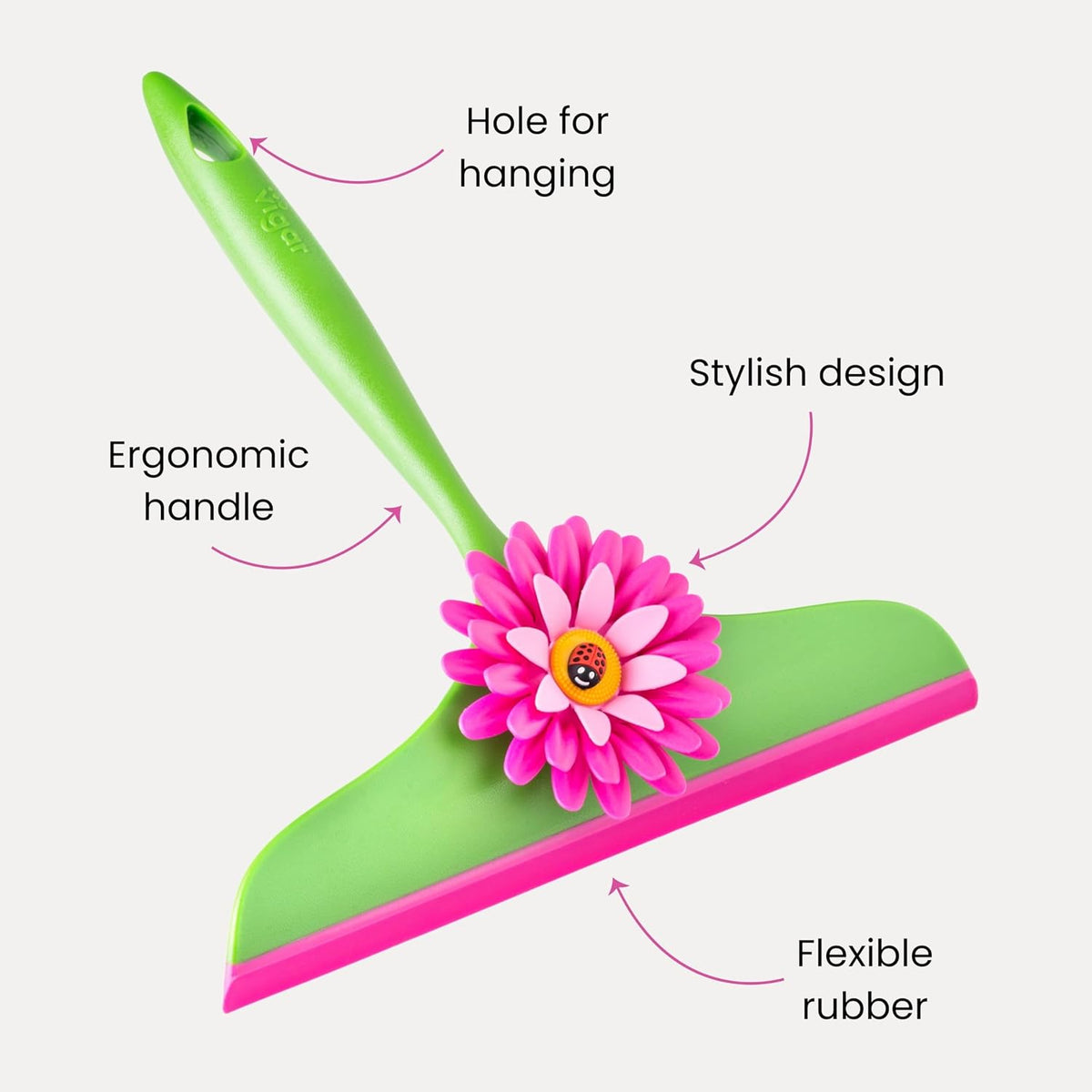 Vigar Flower Power All-Purpose Squeegee, Pink, Green, 9-Inches