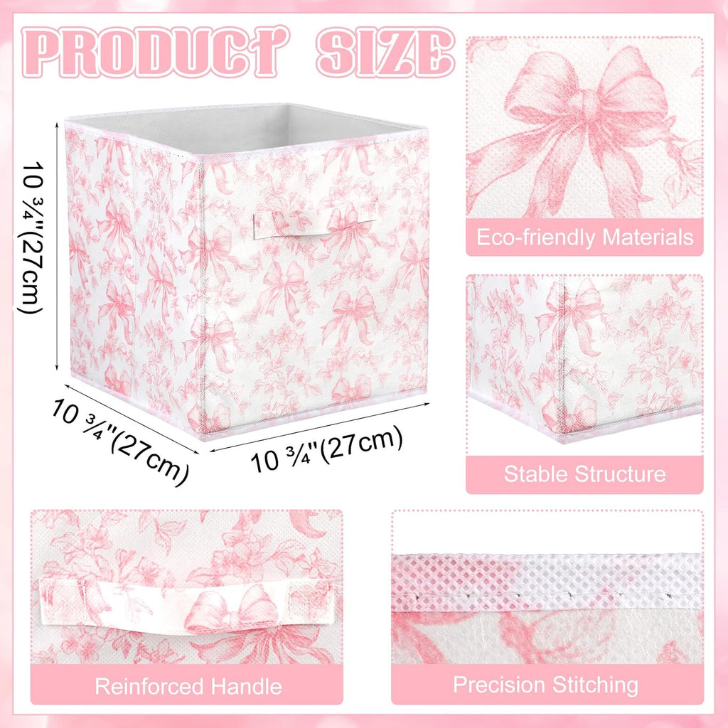 Geelin 6 Pcs Pink Floral Bow Cube Storage Bins 11 in Basket with Handle