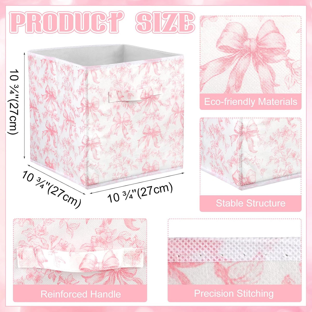 Geelin 6 Pcs Pink Floral Bow Cube Storage Bins 11 in Basket with Handle