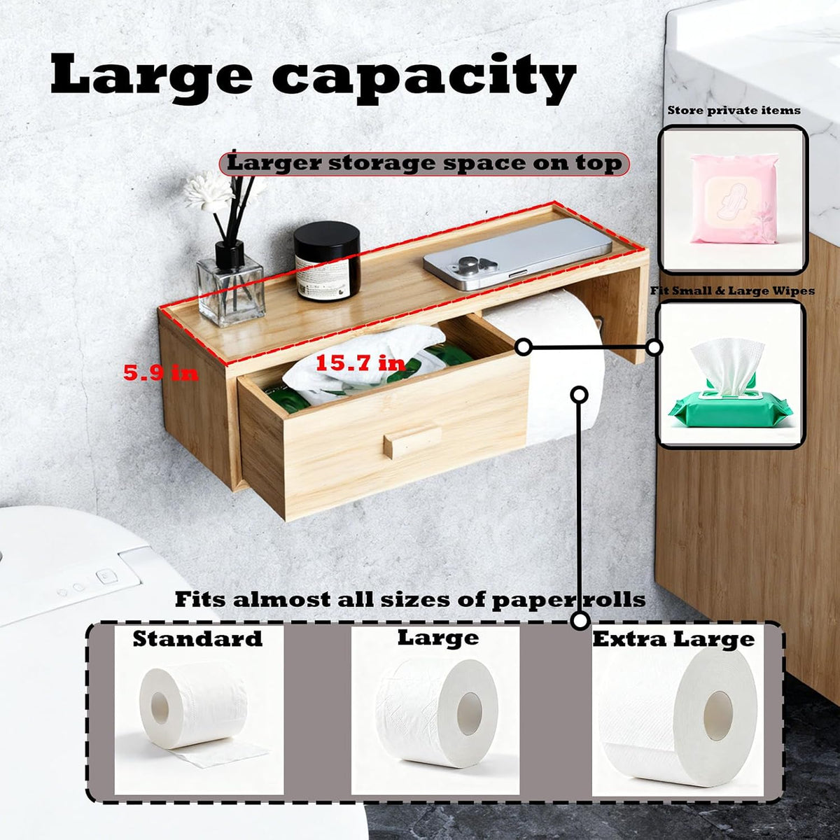 Large Bamboo Toilet Paper Holder with Shelf,Wall Mount Bathroom Holder with Wet Wipes Storage Drawer(Natural)