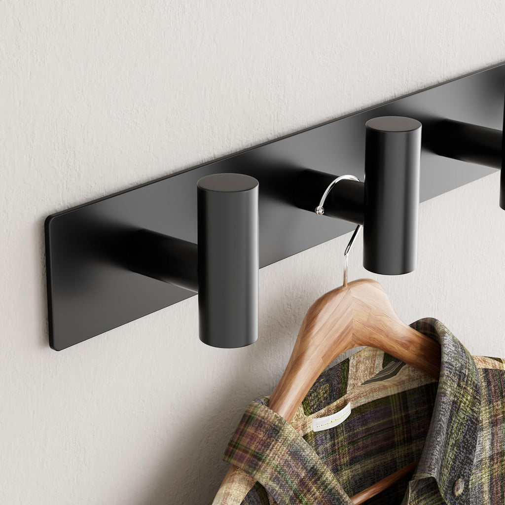 Black Wall Mounted Coat Rack – 5 T-Shaped Hooks on 16.5" Rail, (1 Pack)