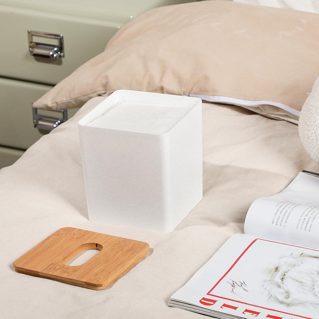 Tissue Box Cover Square, White, with Bamboo Lid, 1 Pack