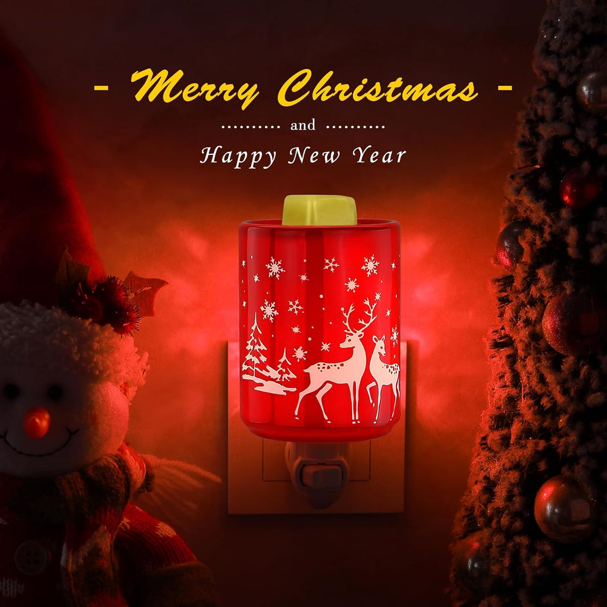 STAR MOON Pluggable Fragrance Ceramic Wax Melt Night Light Warmer for Christmas Decoration No fire Hazard Packed with Two Bulbs - Abrasive Red Reindeer