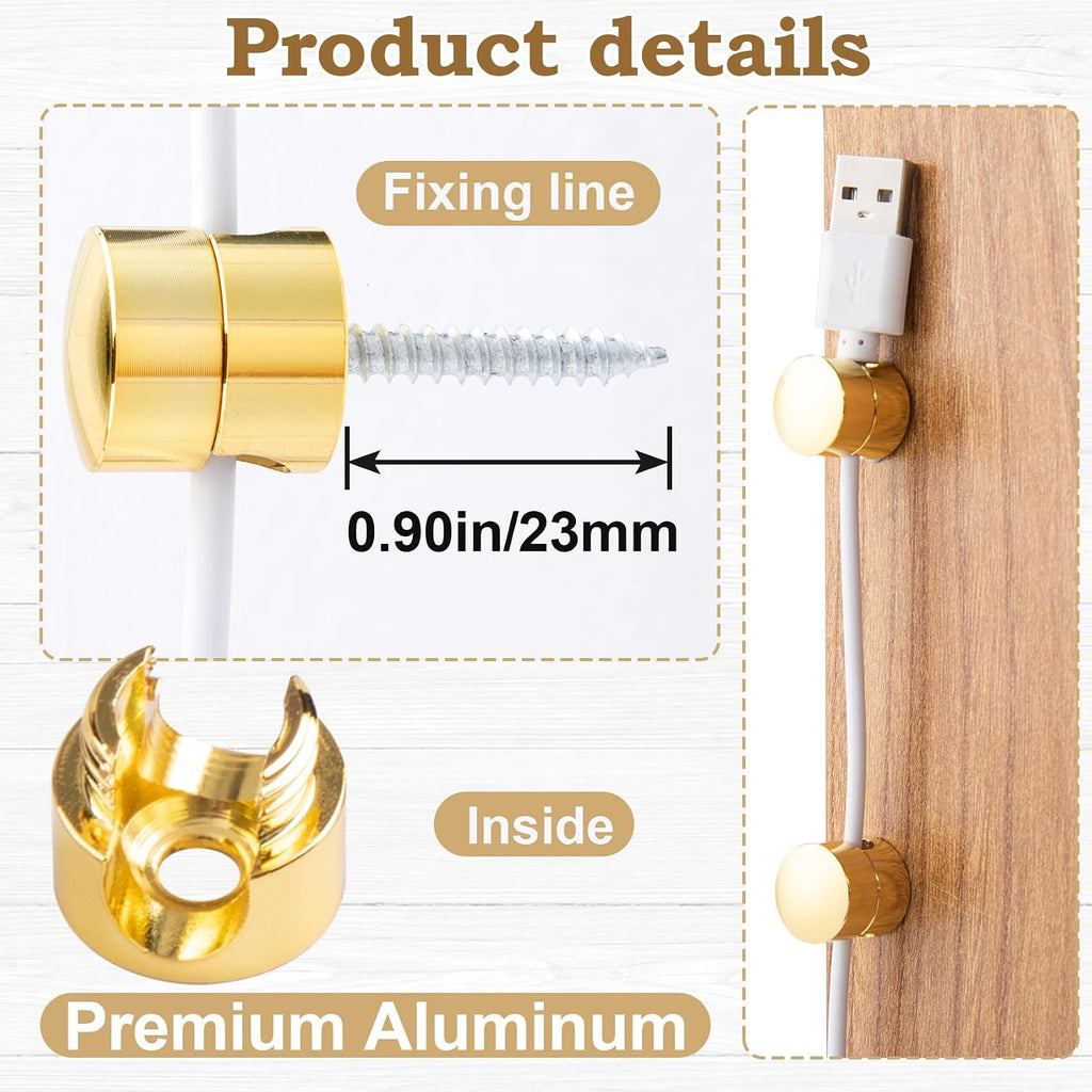 HINZIC 3Pack Cable Anchors for Desk, Metal Gold Phone Cord Holder, 2-in-1 Adhesive Cord Clips Adjustable Aluminum Wire Organizers Charger Management for Nightstand Office Home Desktop Wall