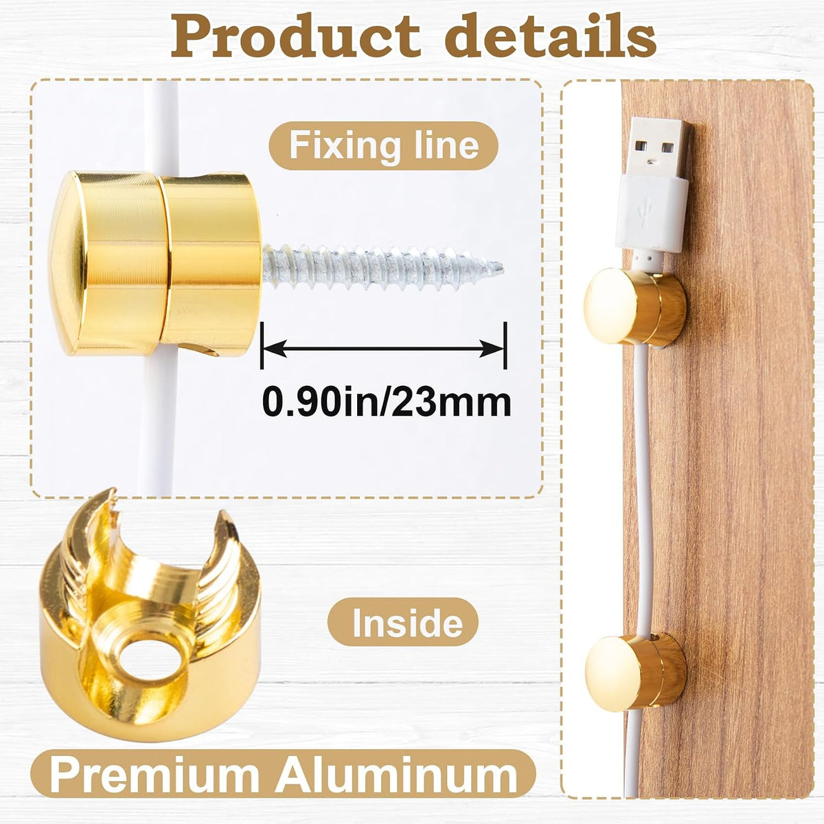 HINZIC 3Pack Cable Anchors for Desk, Metal Gold Phone Cord Holder, 2-in-1 Adhesive Cord Clips Adjustable Aluminum Wire Organizers Charger Management for Nightstand Office Home Desktop Wall