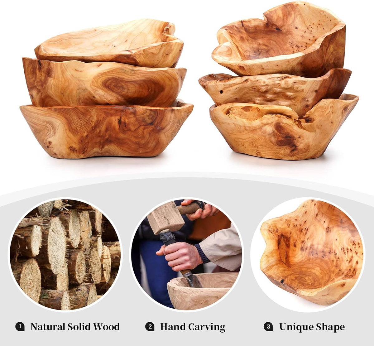 Wooden Bowl for Decor, Natural Shape Solid Wood Carved Fruit Bowl, Decorative Wooden Bowl for Table Centerpiece Office Home Decor, Multipurpose Candy Keys Serving Bowls (Small 8"-10")