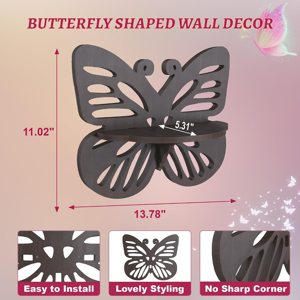 Butterfly Shaped Nursery Wall Deor, Solid Wood Floating Shelves, Small Decorative Shelf Wall Mounted, Cute Display Rack for Kid’s Room, Hanging Wall Shelf for Toys, Plants and Decorations Storage
