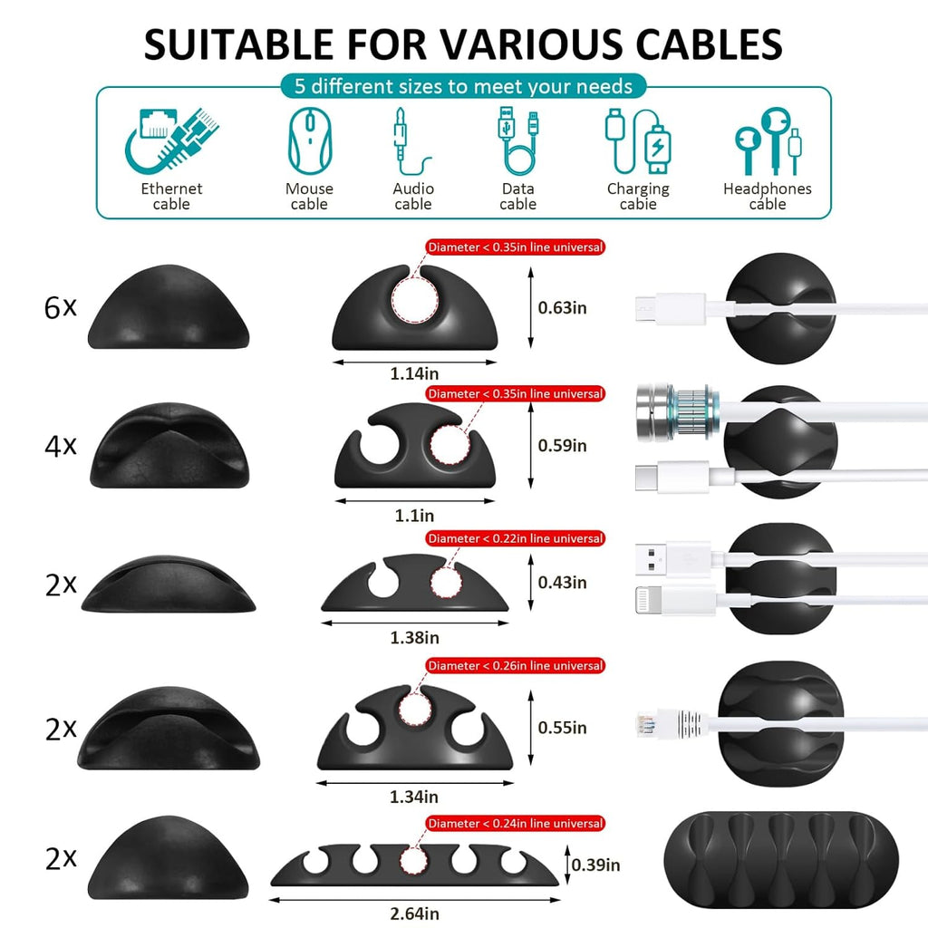 16Pack Black Desk Cable Management, Adjustable Cord Organizer Clips