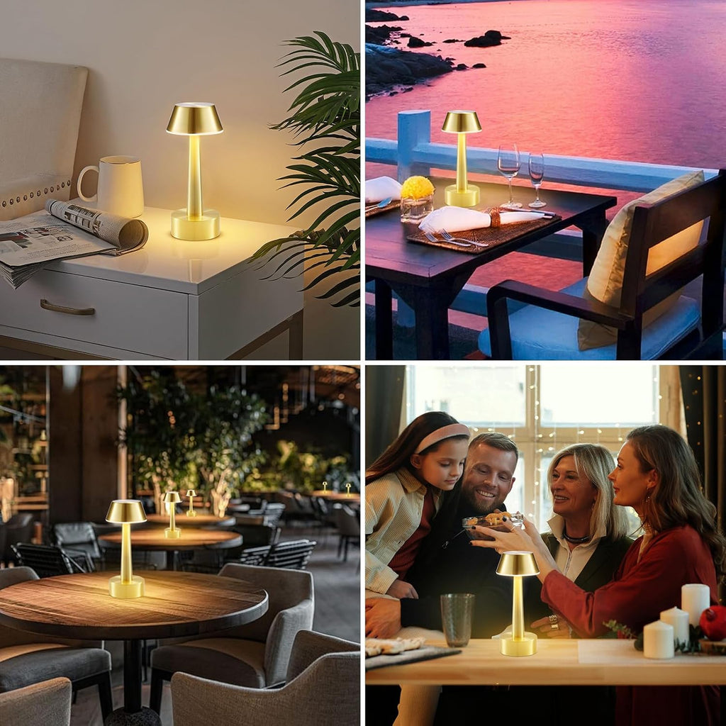 2 Pack Small Cordless Table Lamp for Restaurant, Gold Metal Lamp