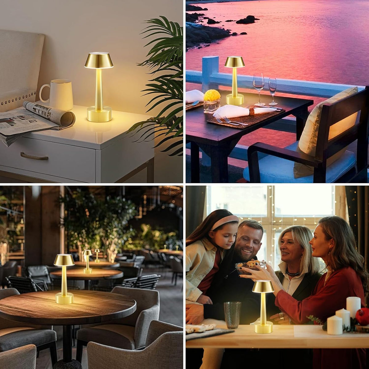 2 Pack Small Cordless Table Lamp for Restaurant, Gold Metal Lamp