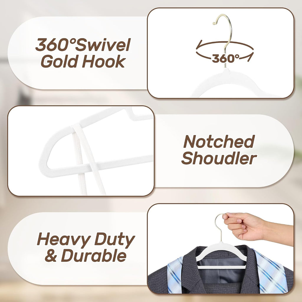 Velvet Hangers 30 Pack with Gold Hooks, Non-Slip Felt Clothes Hangers White