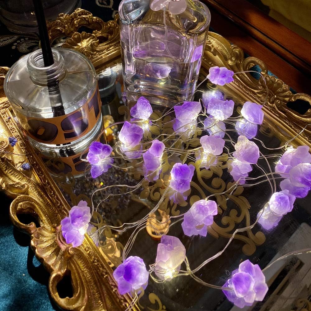 Genuine Amethyst Crystal Decorative Lights Cute Fairy String Lights 10ft 30 Natural Stones with Remote for Bedroom Hanging Ornaments Reiki Party Night Light Wedding Room Décor Mother's Day Gift
