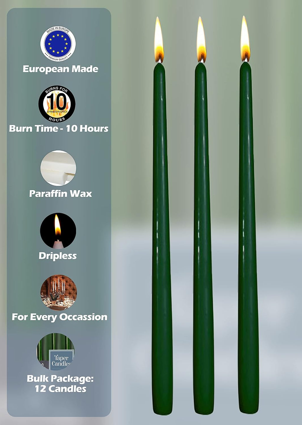 Hyoola 12 Pack Tall Taper Candles - 12 Inch Hunter Green Dripless, Unscented Dinner Candle - Paraffin Wax with Cotton Wicks - 10 Hour Burn Time