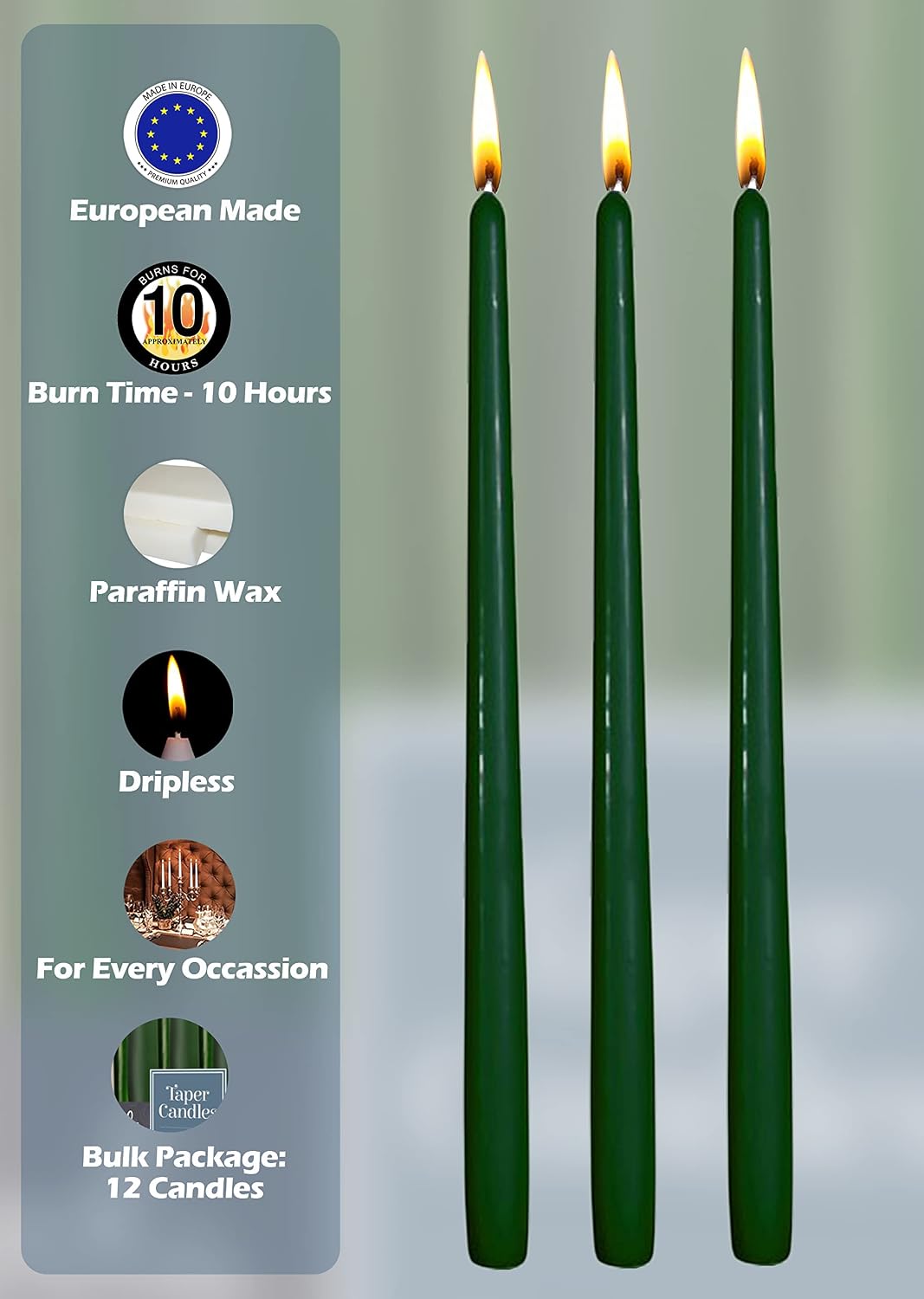 Hyoola 12 Pack Tall Taper Candles - 12 Inch Hunter Green Dripless, Unscented Dinner Candle - Paraffin Wax with Cotton Wicks - 10 Hour Burn Time