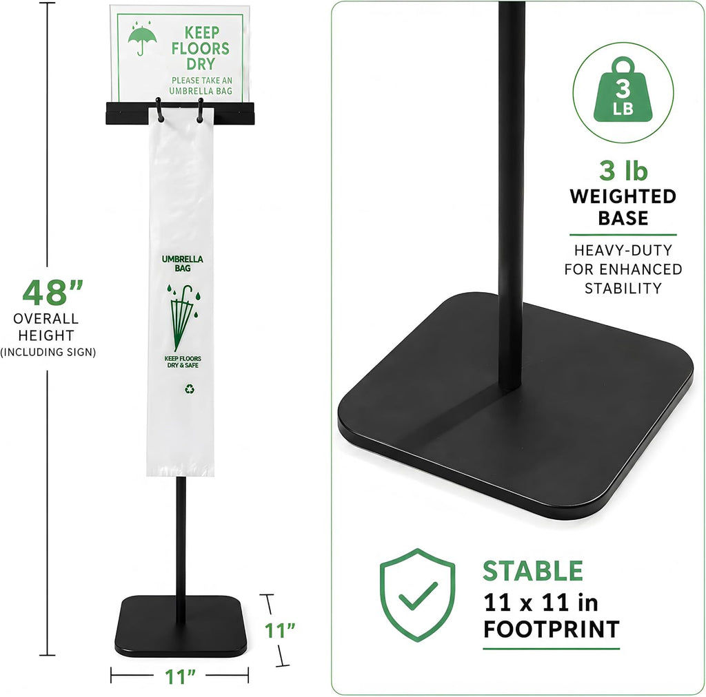 Umbrella Bag Stand with Sign Holder, 200 Bags, Weighted Base, 48 Inch
