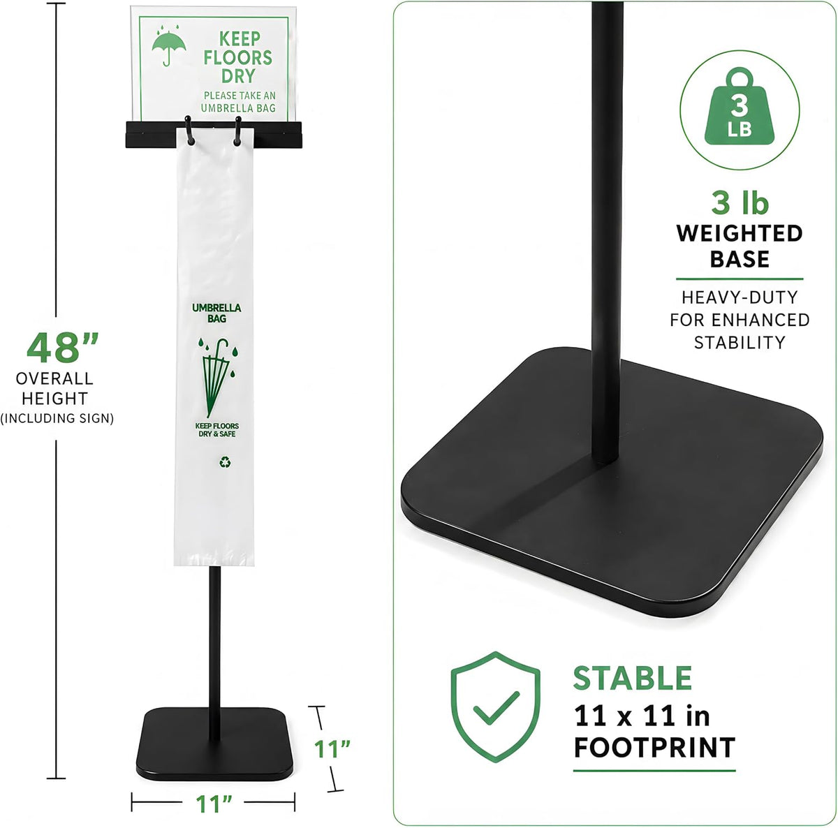 Umbrella Bag Stand with Sign Holder, 200 Bags, Weighted Base, 48 Inch