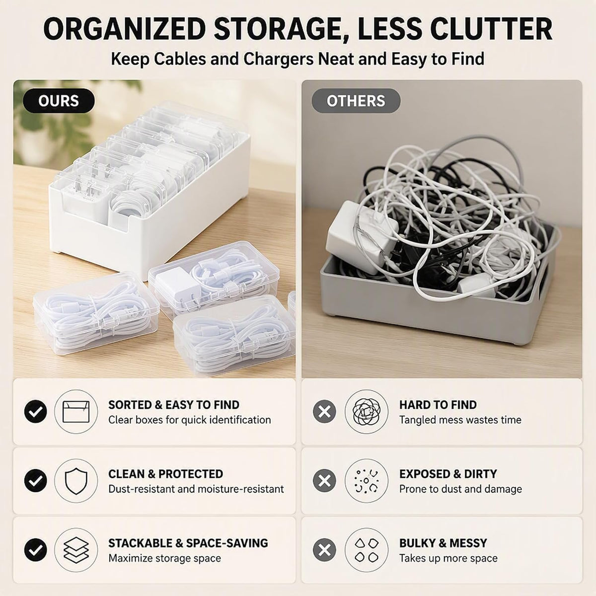 Cable Management Kit - Cable Storage Box - Adhesive Clips - Tie Mounts