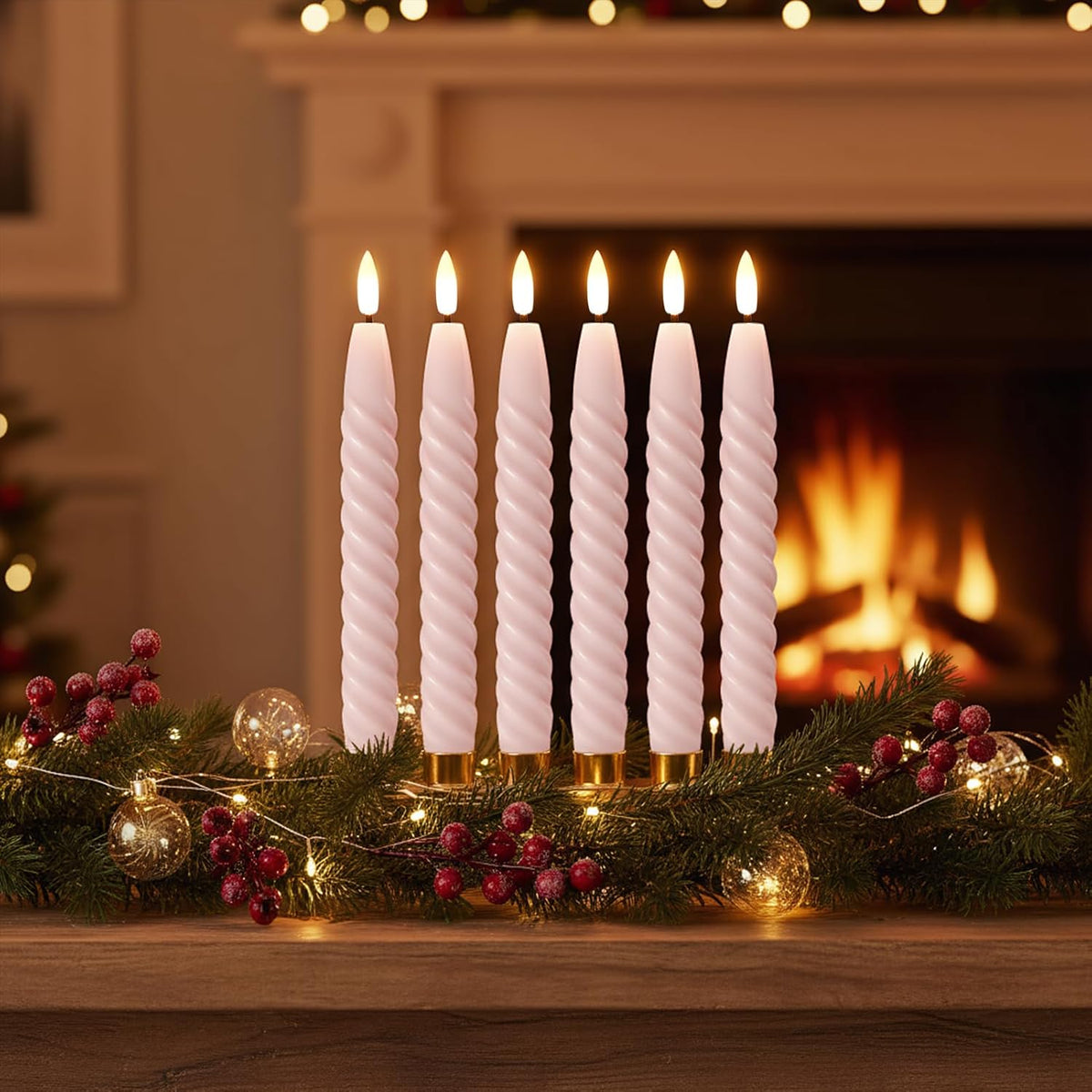 Pink Flameless Taper Candles Flickering with Remote Timer