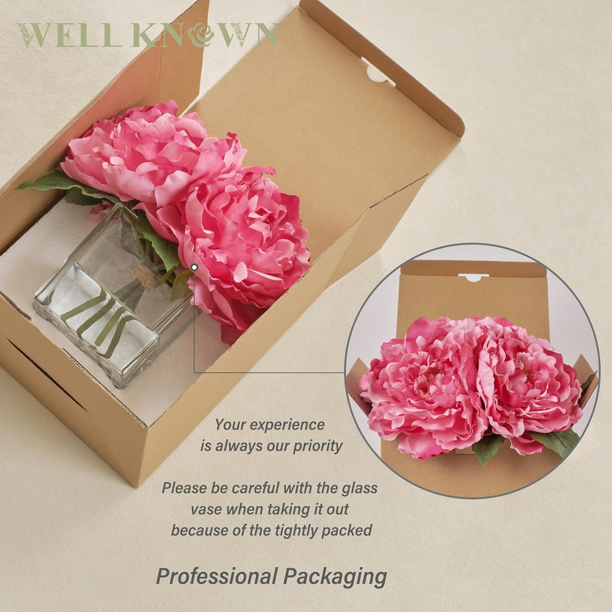 Artificial Peonies Flowers Arrangements in Cube Glass Vase, WELLKNOWN Silk Flower Centerpieces for Dining Room Table, Coffee Table Decor, Faux Peony Flowers with Faux Water (Fuchsia)