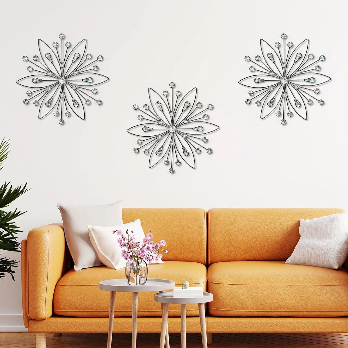 ZEXUIRU 3 Set Snowflake Wall Decor Living Room Bedroom Entryway Metal Bling, Crystal Rhinestone Starburst Sunburst Sparkling Wall Art Decor Silver Metal Christmas Decoration-Black 13in