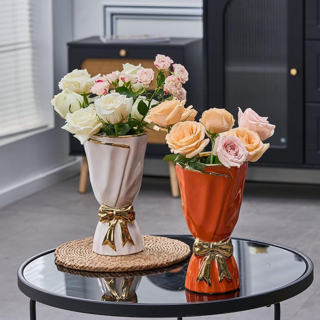 White and Gold Vase, Bow Vase for Home Decor
