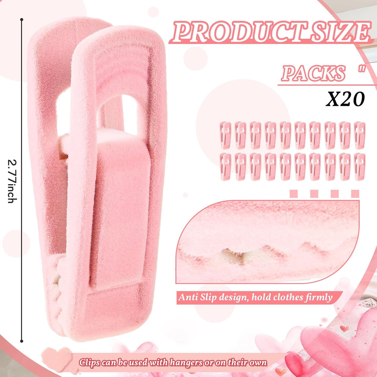 Tessco for You 20 Pcs Pink Velvet Heart Hangers with 360° Swivel Hooks