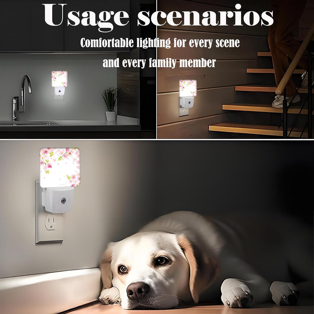 Cherry Blossoms Night Light,Spring Flower Plug Into Wall Decor for Stairway,Hallway,Kitchen,Dusk to Dawn Sensor Nightlights for Boys/Girls/Women/Men Room Gifts