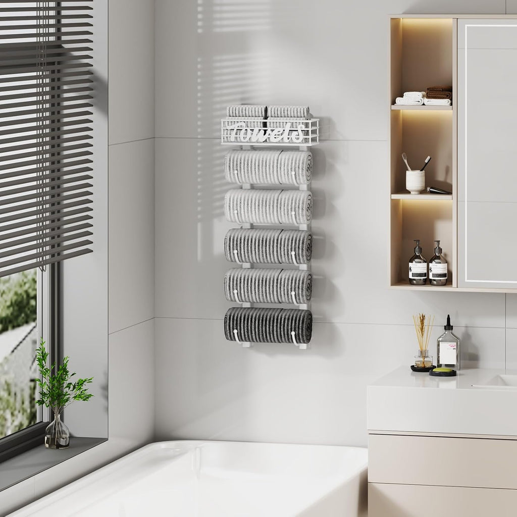 SWTYMIKI Hanging Towel Racks for Bathroom - 6 Tier Over The Door & Wall Mounted Bath Rolled Towel Storage Organizer Holder for Small Bathroom, RV, Camper, White (Patented)