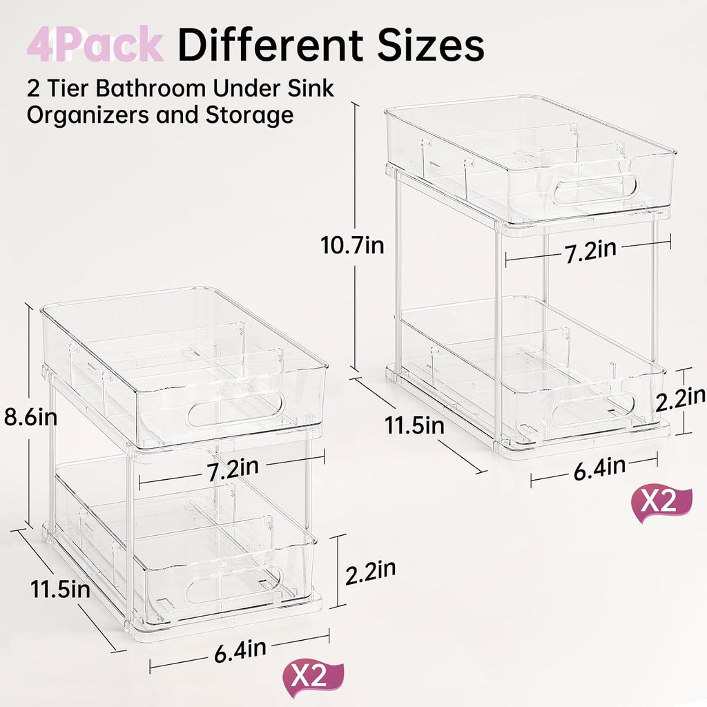 Delamu 2 Tier Under Sink Organizer Bathroom, Bathroom Cabinet Organizer with Snap-Lock Design and Hooks, Pull Out Storage with Movable Dividers, for Countertop, Kitchen and Pantry (Clear, 4 Pack)