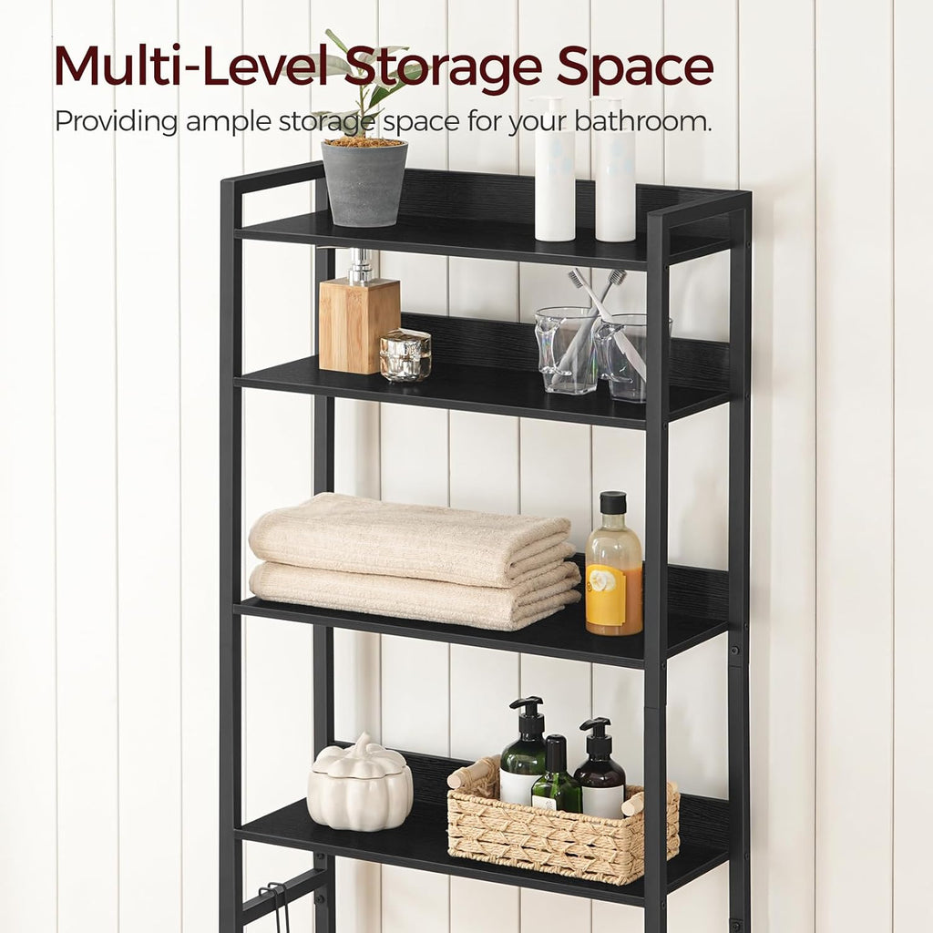 MAHANCRIS Over The Toilet Storage Rack, 4 Tier Bathroom Organizer Over Toilet, Freestanding Space Saver Toilet Stand with 2 Hooks, Bathroom Storage Shelf, Easy to Assemble, Black TSHB0401