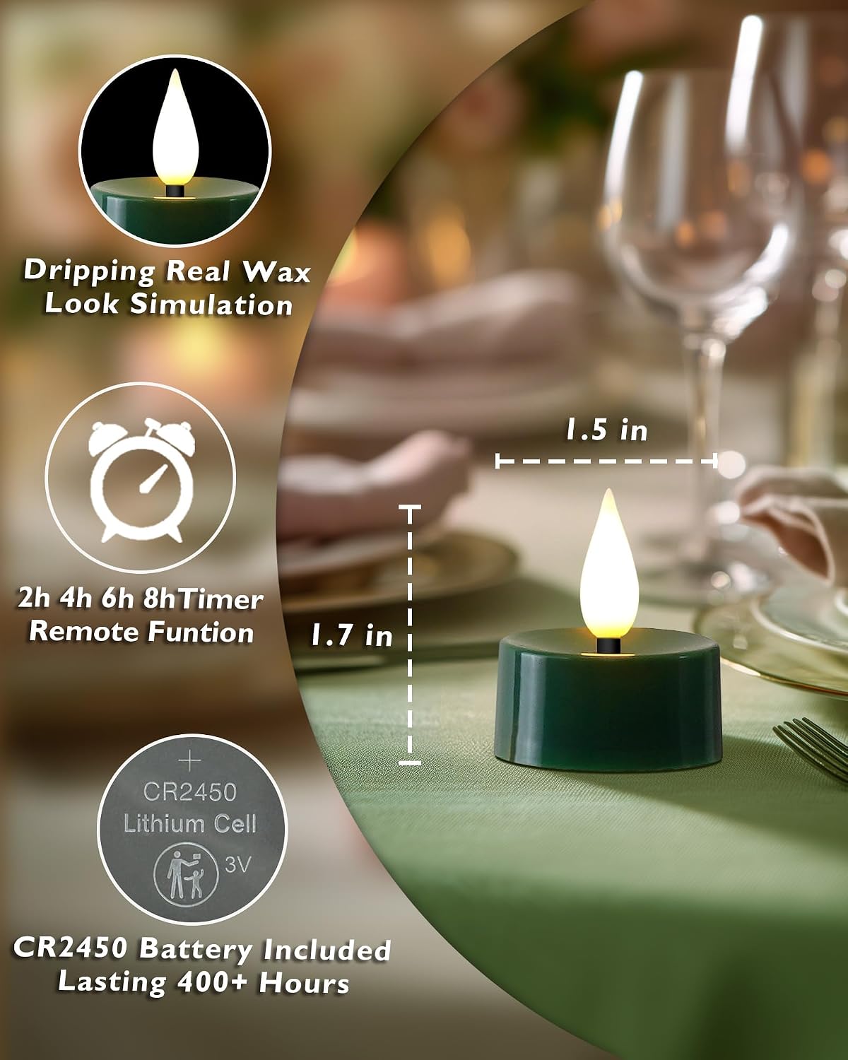 Amagic 12Pcs Flameless Timer Remote 3D Black Wick Tealights Candles, Green