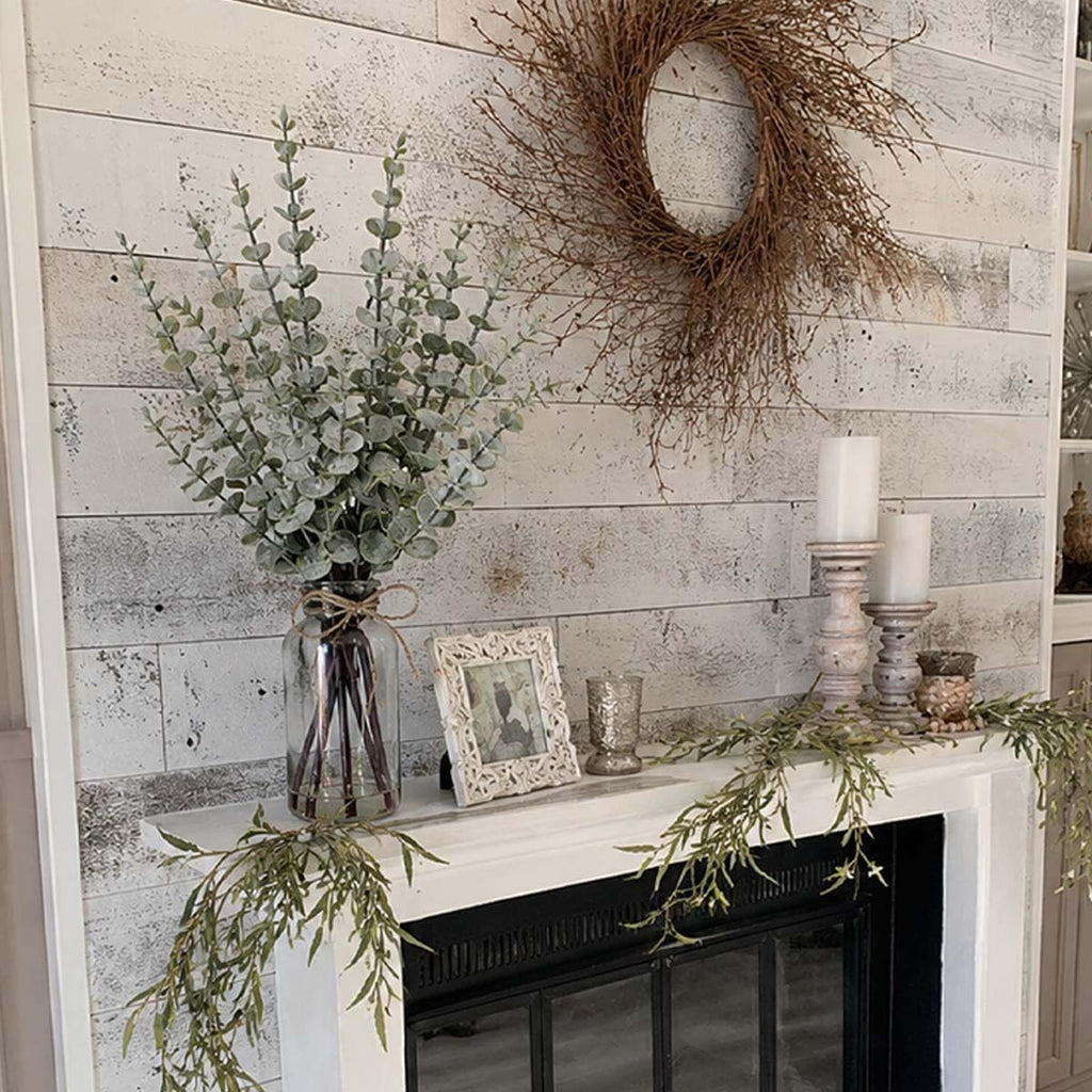 SwanMoon Artificial Eucalyptus Stems in Glass Vase with Faux Water, 17.5 Inch Mini Faux Greenery Plant for Bathroom Vanity, Coffee Table, Farmhouse Office, Wedding Home Table Centerpieces Decor
