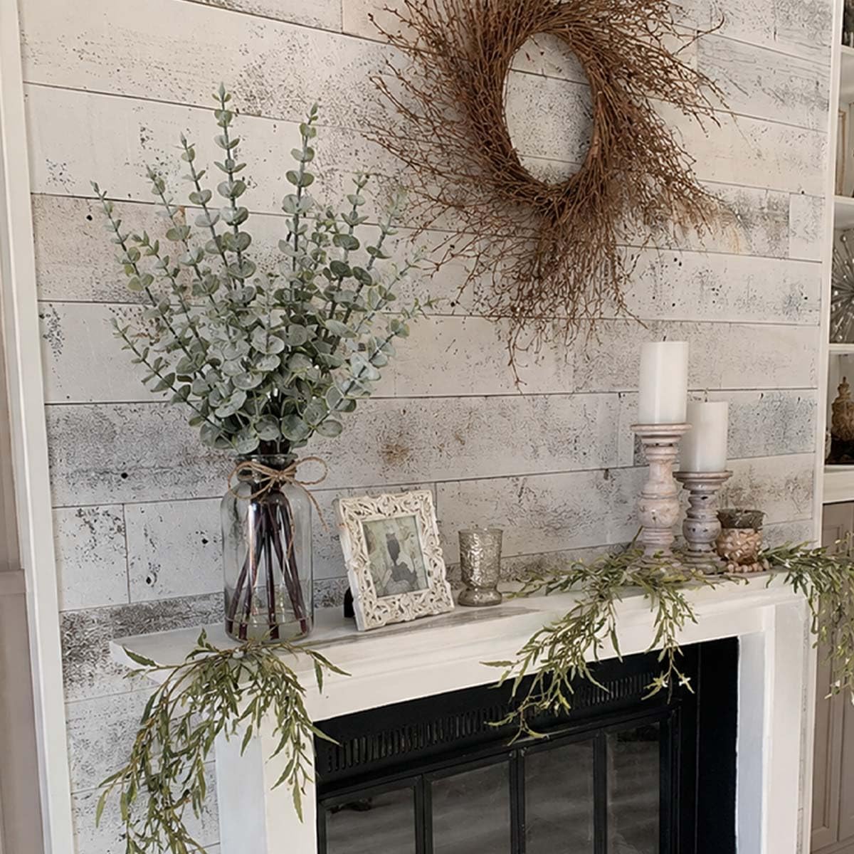 SwanMoon Artificial Eucalyptus Stems in Glass Vase with Faux Water, 17.5 Inch Mini Faux Greenery Plant for Bathroom Vanity, Coffee Table, Farmhouse Office, Wedding Home Table Centerpieces Decor