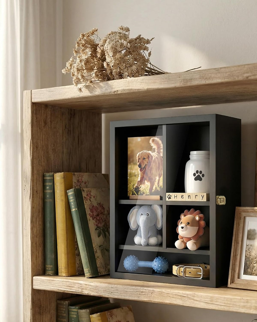 Pet Memorial Shadow Box, 14.7"x 12" Dog Memorial Shadow Box with Adjustable Shelves & Pin-Back Board, Wooden Pet Memorial Box for Ashes, Photos & Keepsakes, Loss of Pet Sympathy Gift, In Memory of Dog