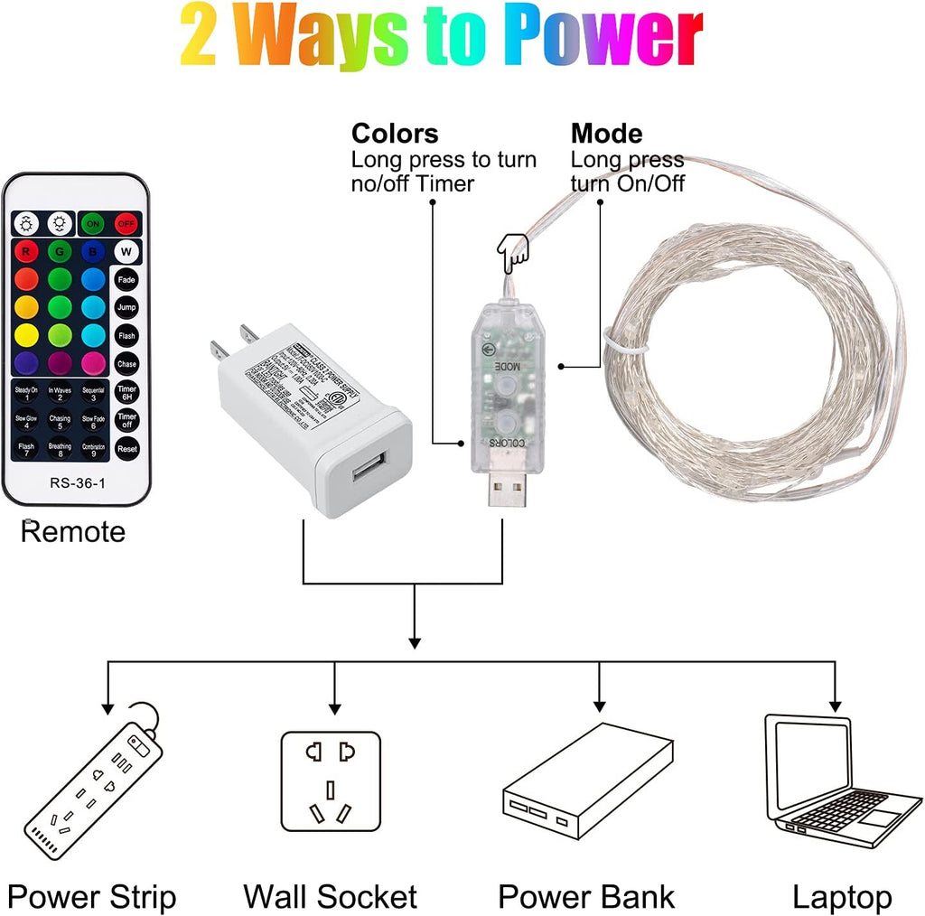 Color Changing Fairy String Lights - 33 ft 100 LED USB Silver Wire Lights with Remote and Timer, Starry Fairy Lights for Bedroom Party Craft Indoor Christmas Decoration, 16 Colors, Adapter Included