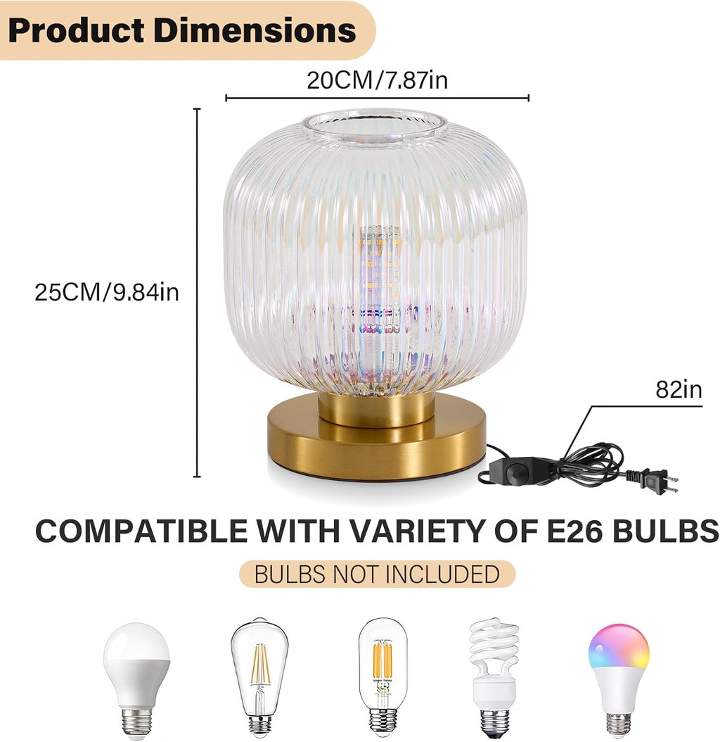 Colorful Glass Table Lamp,Vintage Gold Base Ribbed Bedside Lamp