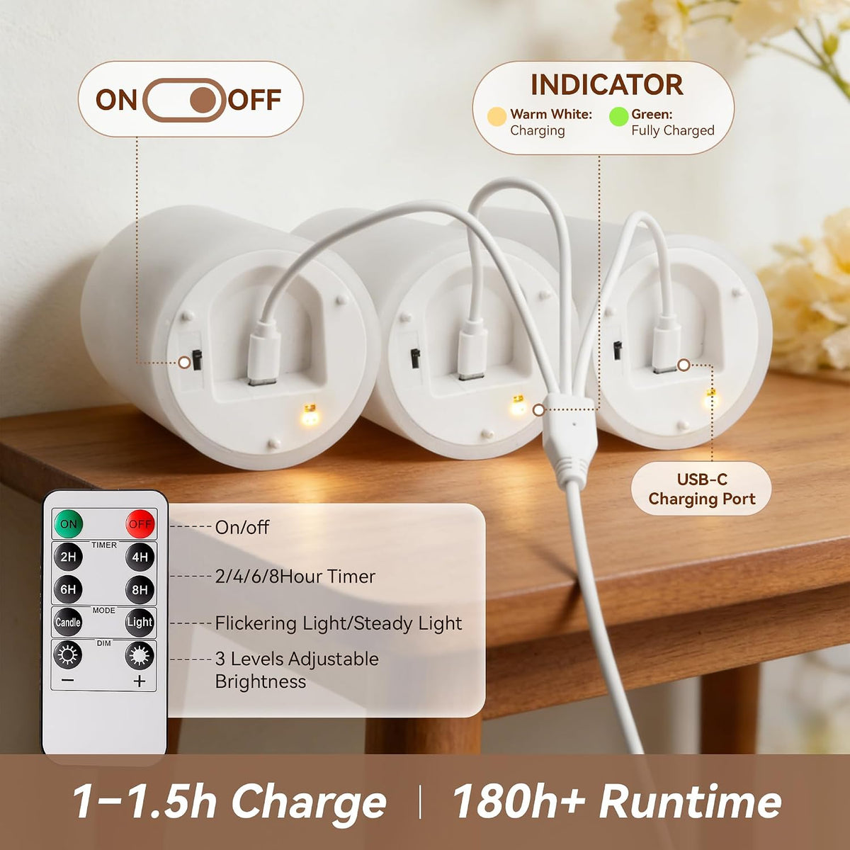 White Real Wax LED Rechargeable Flameless Battery Operated Pillar Candles