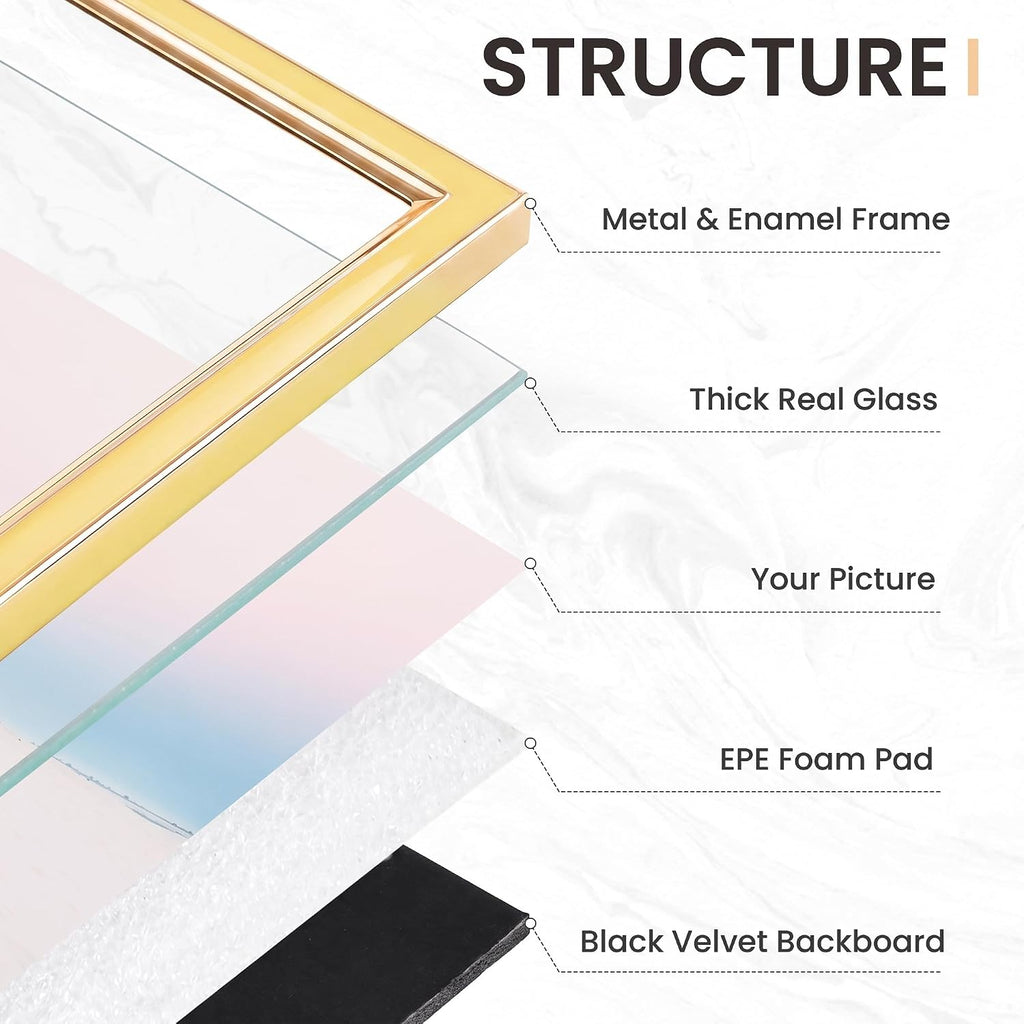 Venusmiles 5x7 Enamel Picture Frames with Tempered Glass, 1 Pack Yellow Photo Frame with Gold Metal Edge, Horizontal and Vertical Display Pictures 5x7 for Wall and Tabletop, Bookshelf, Wall Decor