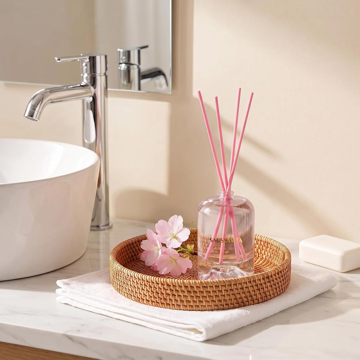 Reed Diffuser Set Volcano Design Cherry Blossom Scent, 3.28 fl.oz Diffuser with Sticks for 60 Days, Home Fragrance Reed Diffuser for Bathroom Shelf Decor & Room Freshener