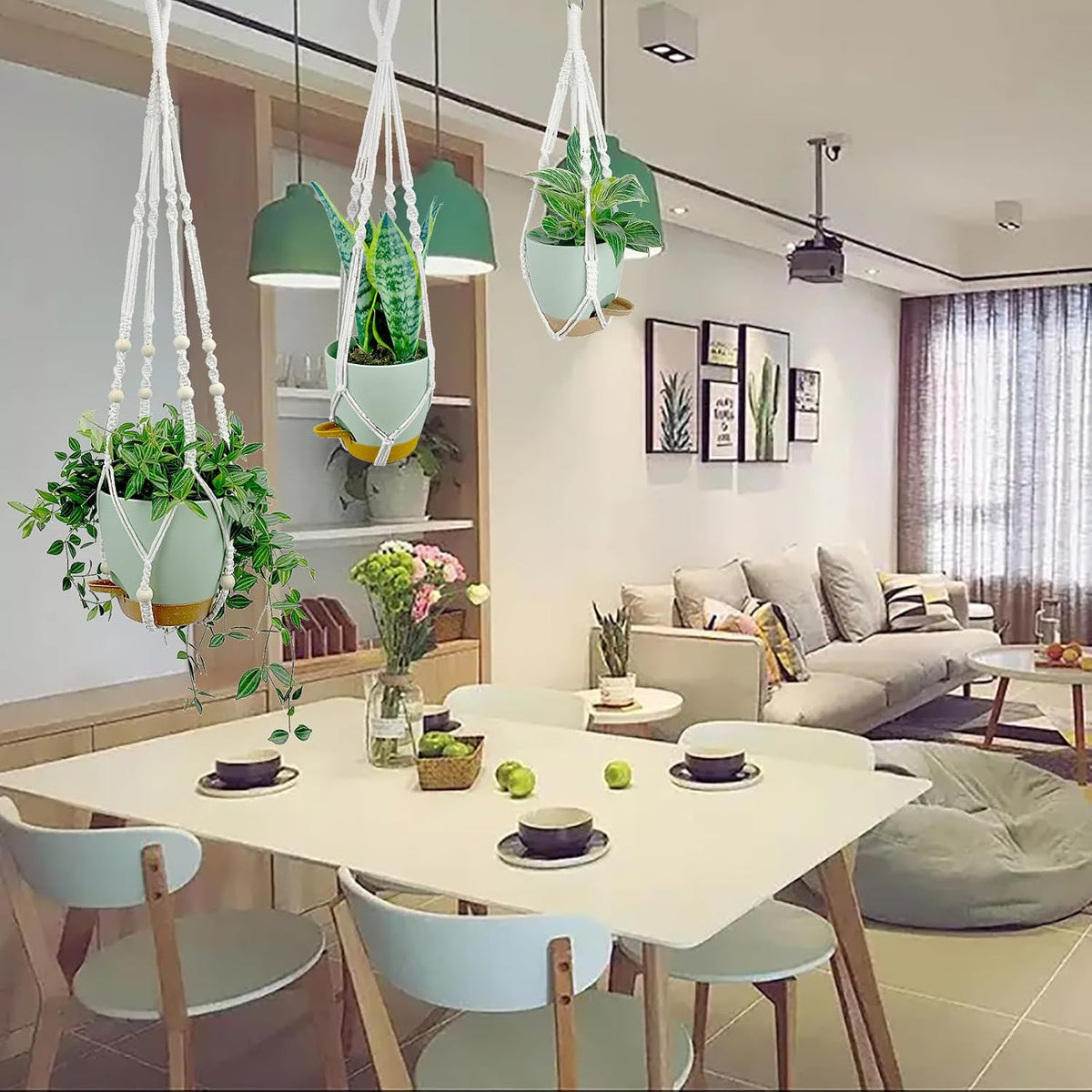 Hanging Planters with Macrame Plant Hangers for Indoor Outdoor Plants, 3 Set Hanging Baskets Flower Pots Holders 35''/27''/21'', Self-Watering Pots 7''/6''/5.5'', Boho Home Decor, Green