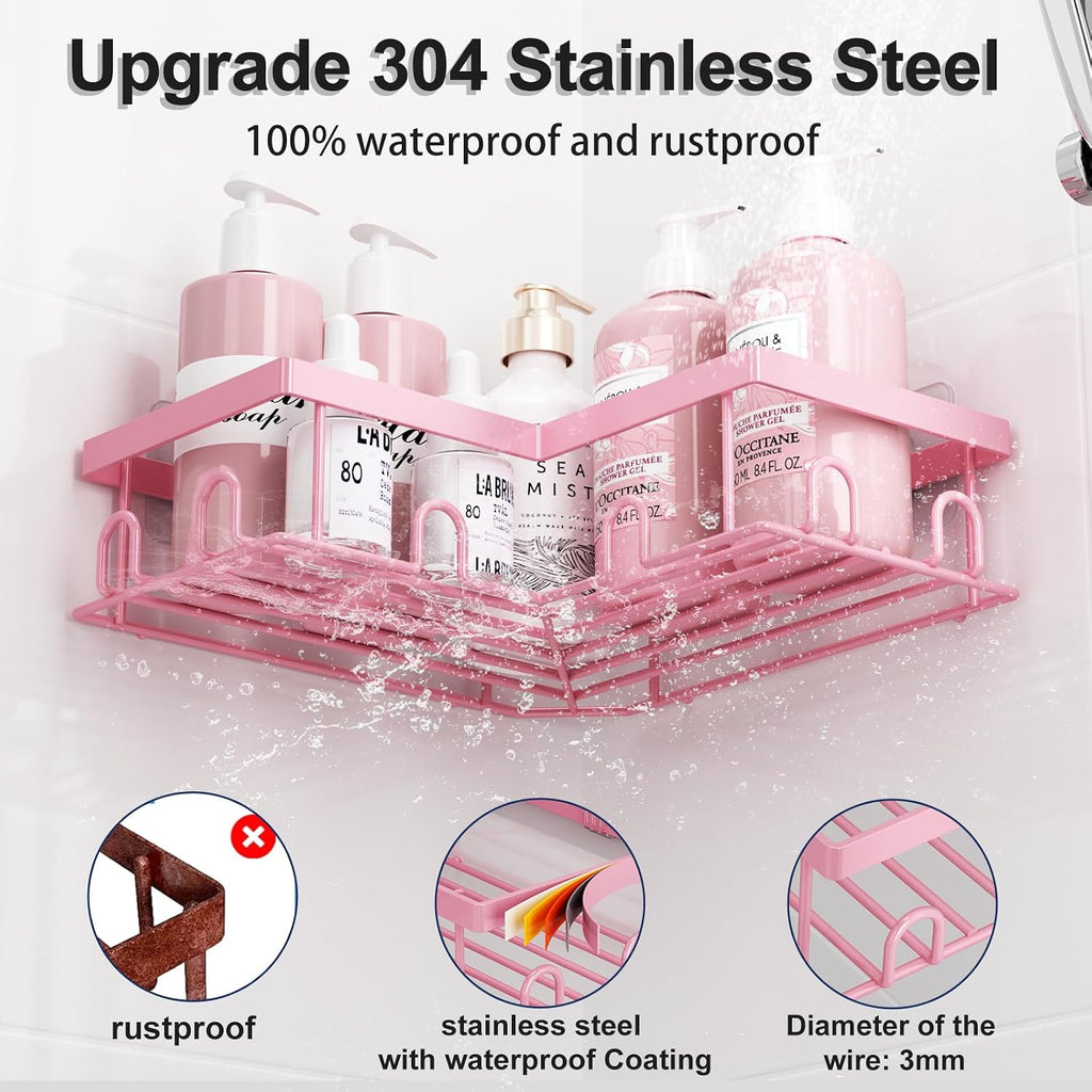 Liuoud Corner Shower Caddy, 5 Pack Adhesive Stainless Steel Organizer, Pink
