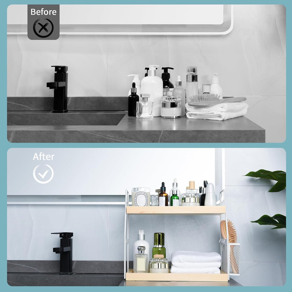 Bathroom Counter Organizer, 2-Tier Standing Storage Shelf with Basket, Wood Tray for Skincare Vanity Organizer(White)