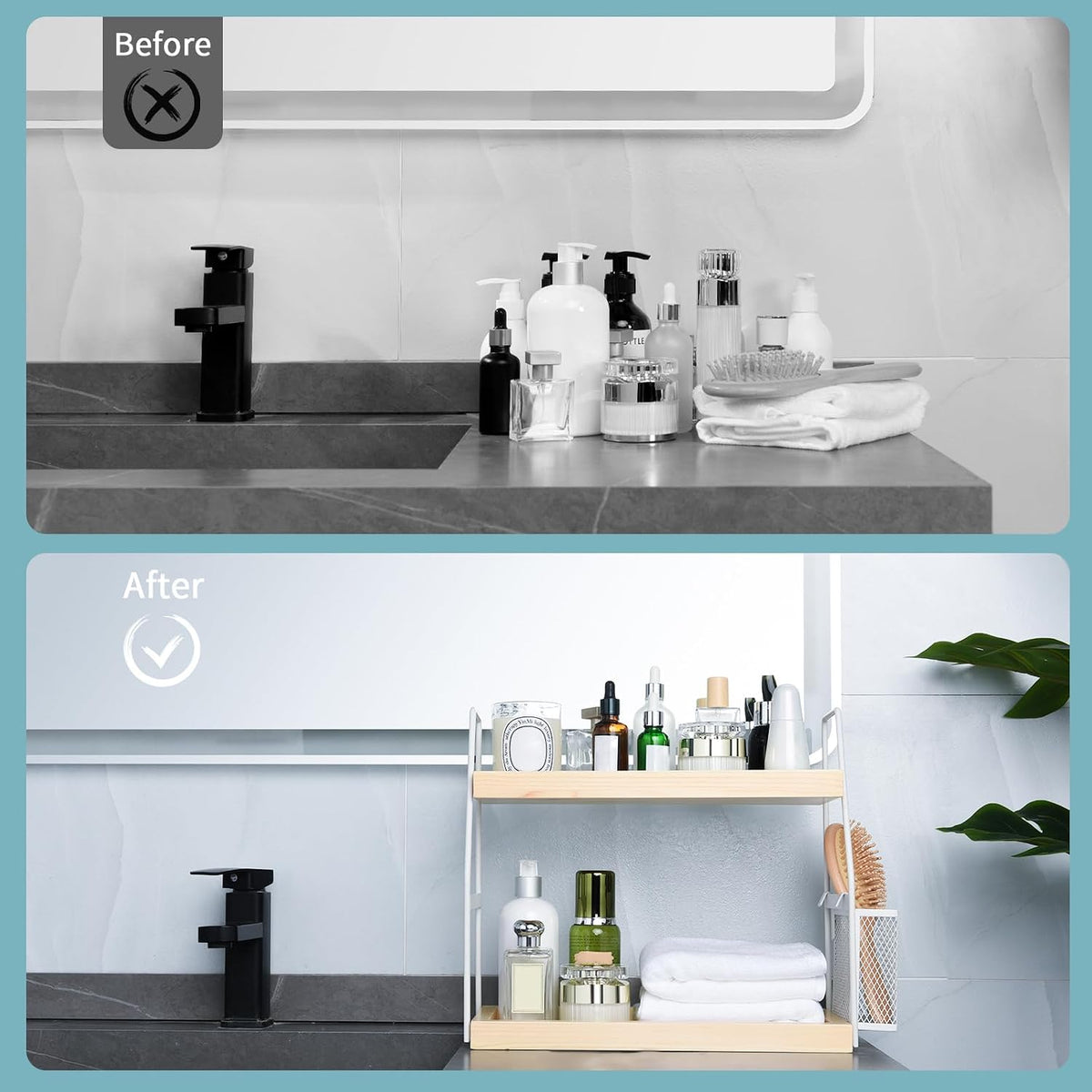 Bathroom Counter Organizer, 2-Tier Standing Storage Shelf with Basket, Wood Tray for Skincare Vanity Organizer(White)
