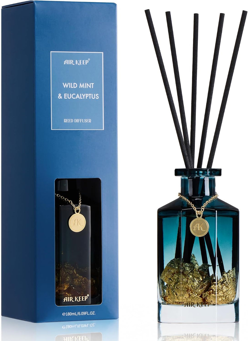 Airkeep Reed Diffuser Set,Wild Mint&Eucalyptus Luxury Scented Diffuser with Sticks Long Lasting Home Fragrance for Bathroom Shelf Decor 6.09 fl oz (180ml)