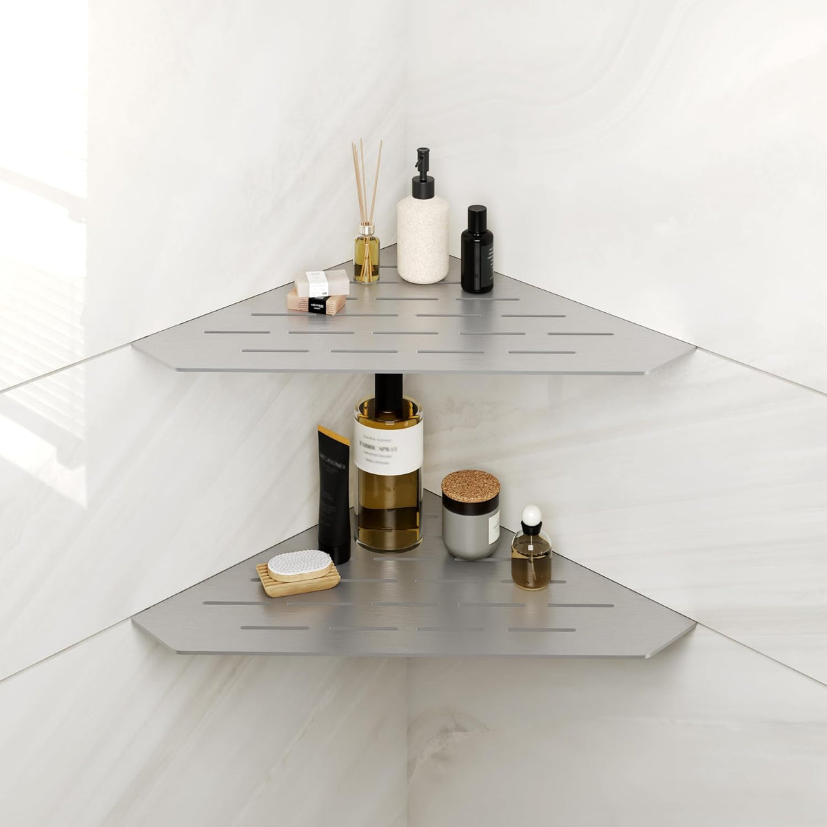 FerdY 2-Pack 10" Brushed Nickel Recessed Corner Shower Shelf, for Tiled Bathroom Walls, 304 Stainless Steel Floating Shelf, Shower Caddy Storage Shelves, No Drilling Required, Striped Diamond
