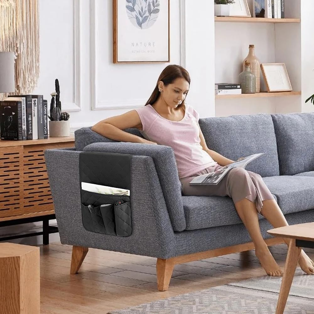 RETON Sofa Armrest Organizer 5 Pockets & 8 Hook‑and‑Loop Fasteners (Black)